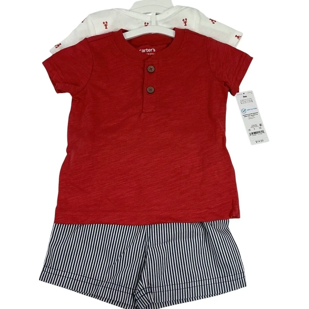Carters Baby Boy 3 Piece Set Red Top Lobster Bodysuit Striped Shorts 9M